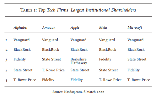Tabela 1: Maiores shareholders institucionais em firmas de tecnologia