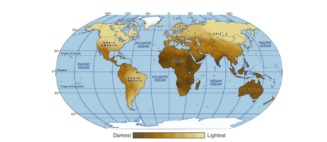 Fig. 2 - The global distribution of skin color. Most Africans have darker skin while those from Nordic countries are lighter-skinned. Image from (Encyclopedia Britannica). Copyright 2012 Encyclopedia Britannica.